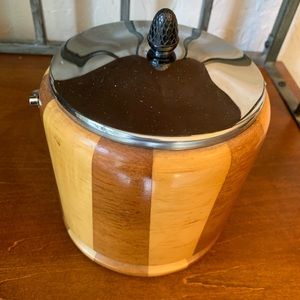 Mid century modern teak and chrome ice bucket.